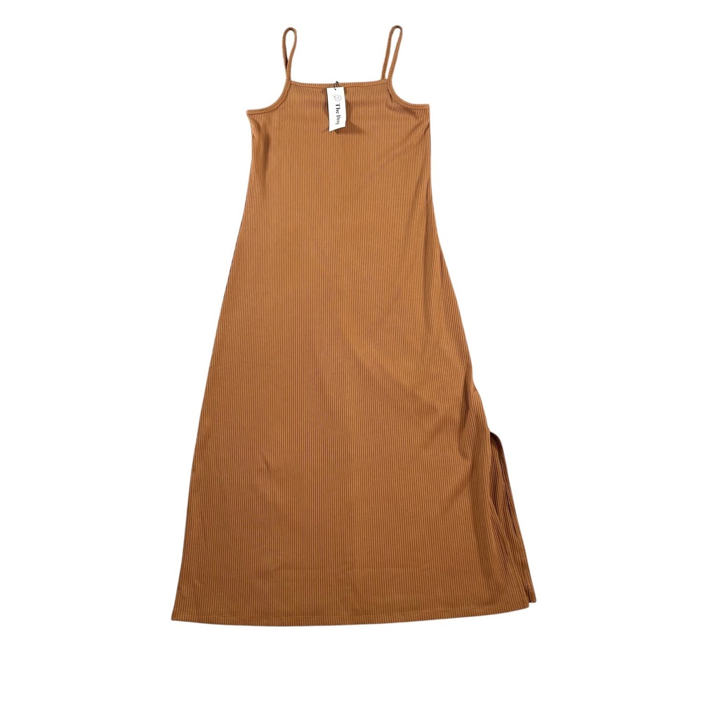 The Drop Leslie Toasted Ribbed Midi Dress XS Brown Spaghetti Strap Side Slit NEW